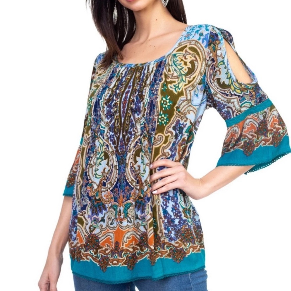 Bila Womens Teal Boho Cold Shoulder Crinkle Blouse with Paisley Print size XL